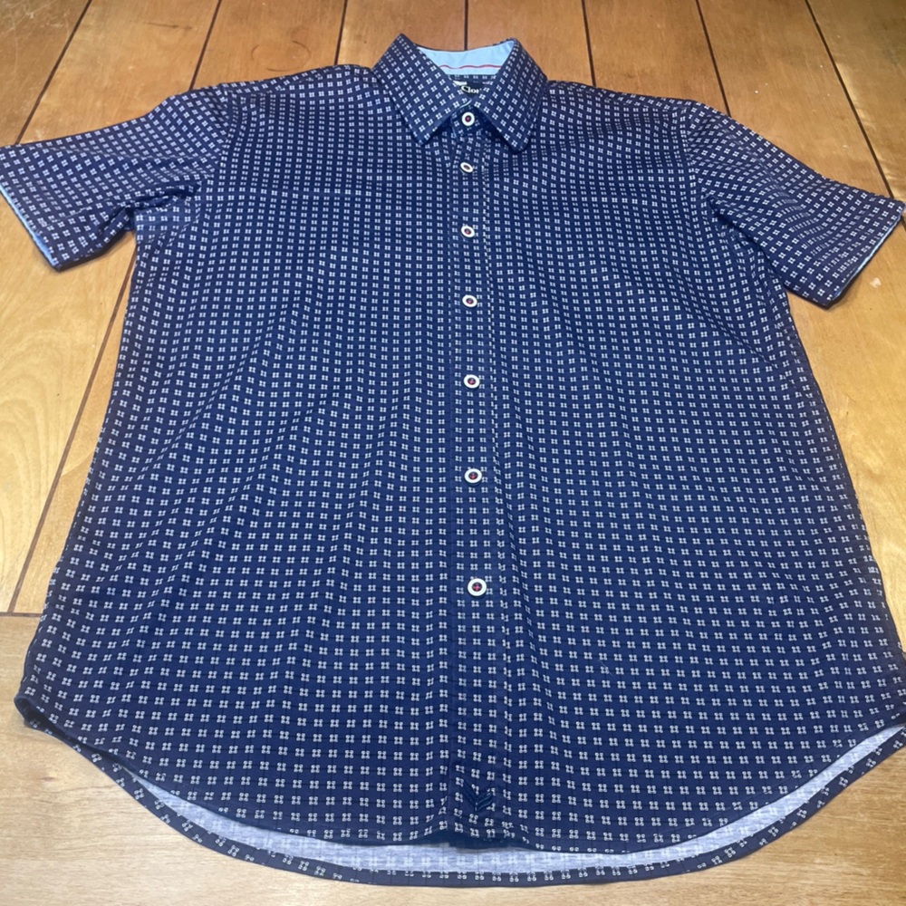 Butter Cloth Short Sleeve Button Up Shirt Size Large Geometric Pattern Blue